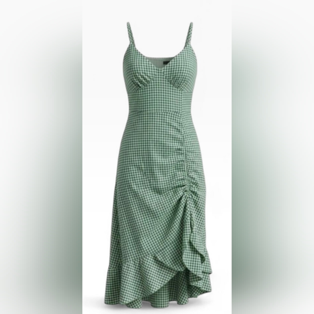 🌿 Cider Green Gingham Ruched Midi Dress | Size Large | Adjustable Straps